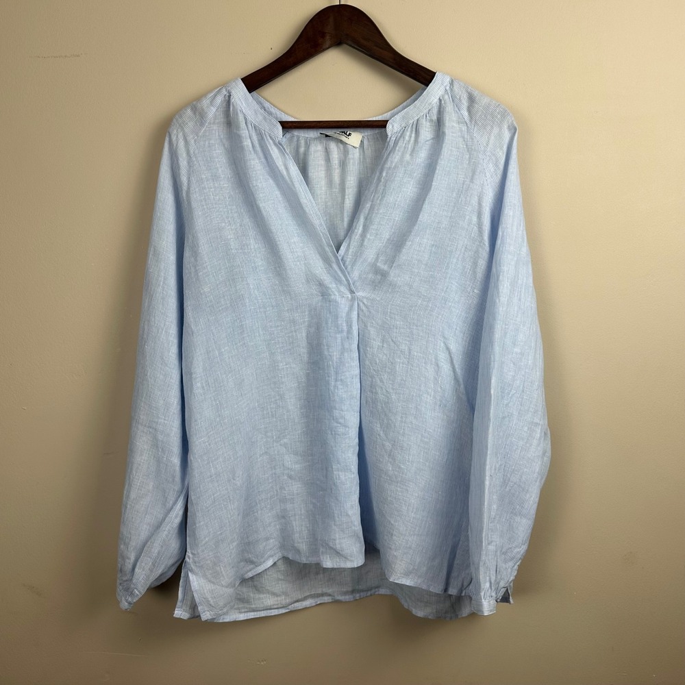 Ecoalf 100% Linen Blue White Striped Raglan Blouse Women's Small